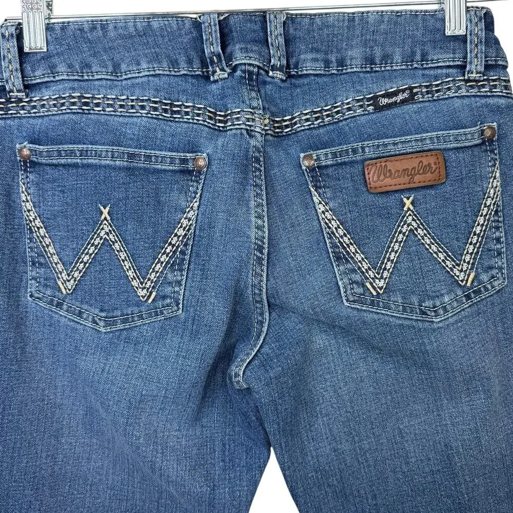Wrangler Sadie Solid Dark Blue Denim Retro Embroidered Mid Rise Bootcut Jeans